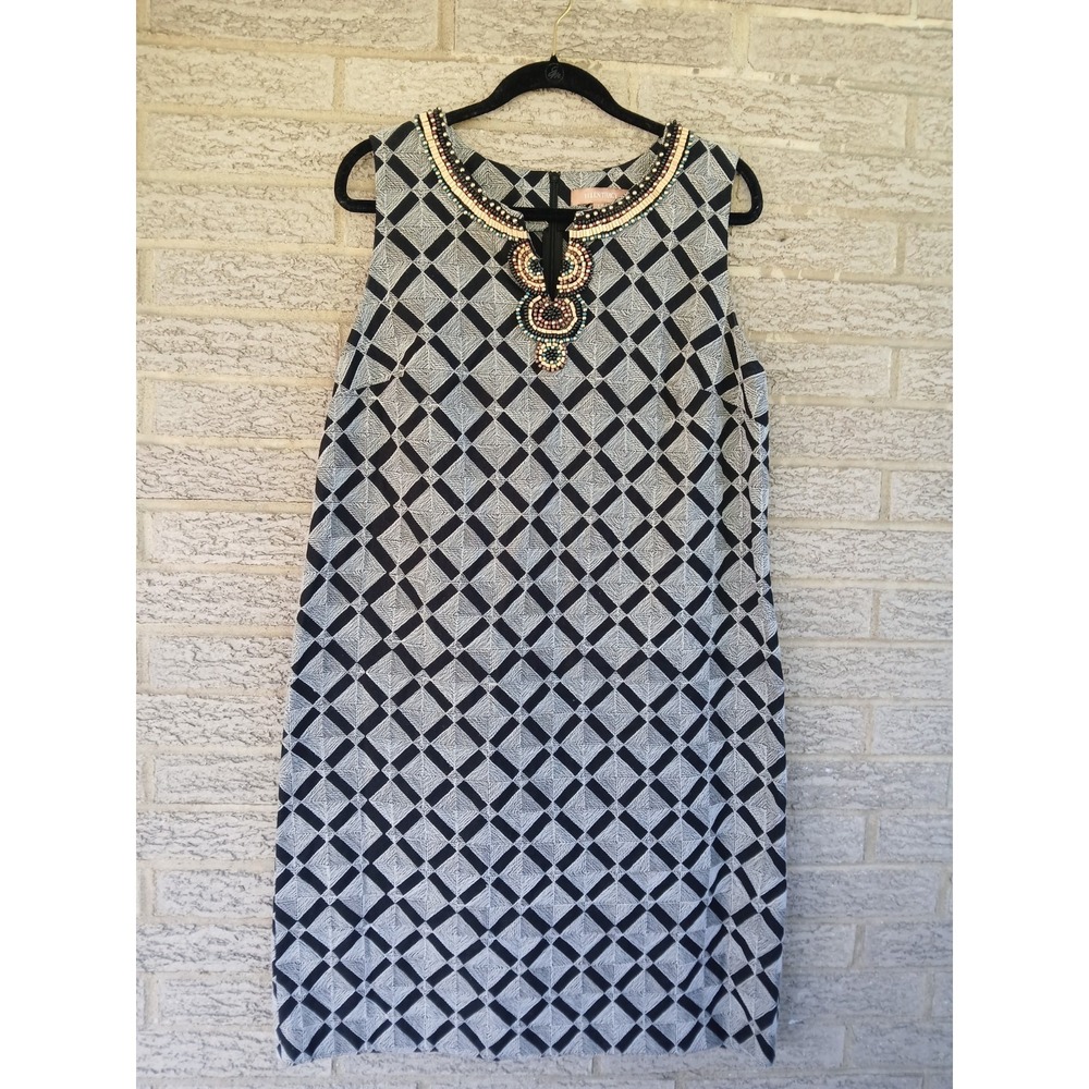 Ellen Tracy Linen Blend Beaded Neck Geometric Shift Dress Sz 14 Art Deco